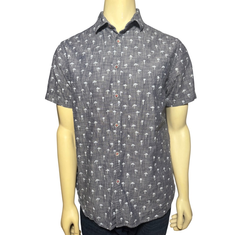 Denim & Flower Ricky Singh Mens Large Slim Fit Palm Tree Grey Button Down Shirt